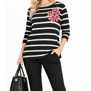 Bob Mackie Black White Striped 3/4 Sleeve Top Pink Embroidered Flower XL Coastal